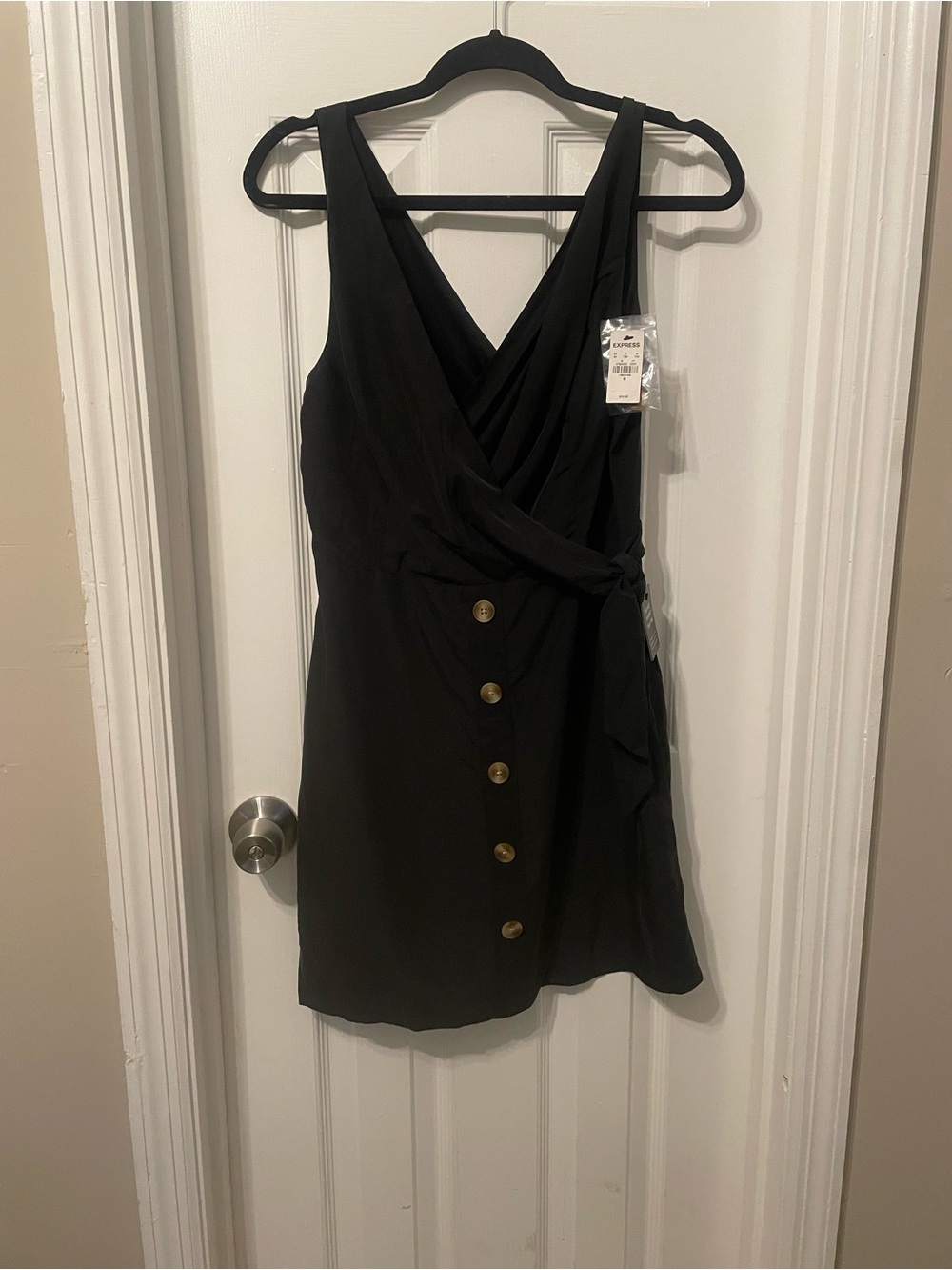 Express Black Sleeveless Faux-Wrap Mini Dress with Button Detail